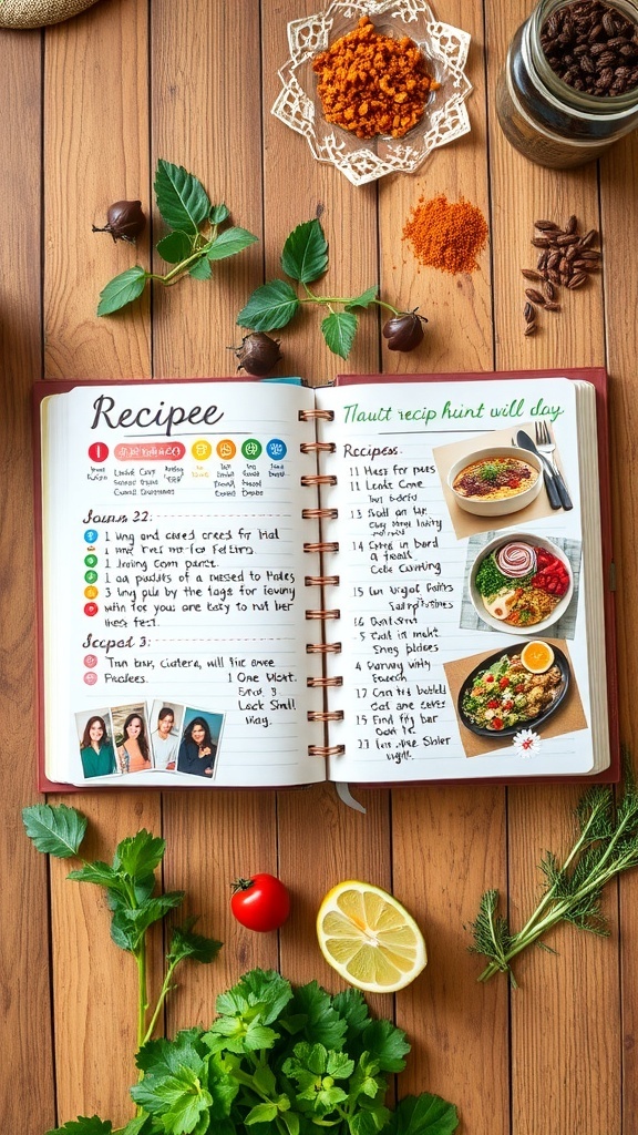 A creative recipe journal with colorful layouts and photos of dishes on a wooden table.